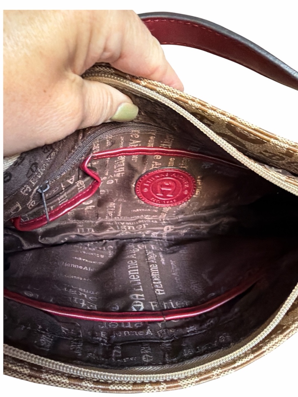 Etienne Aigner Monogram Canvas Hobo Bag with Burgundy Leather Accent EUC - Picture 9 of 10